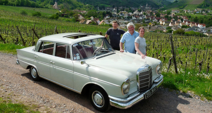 Une Mercedes W111 dans les vignes alsaciennes